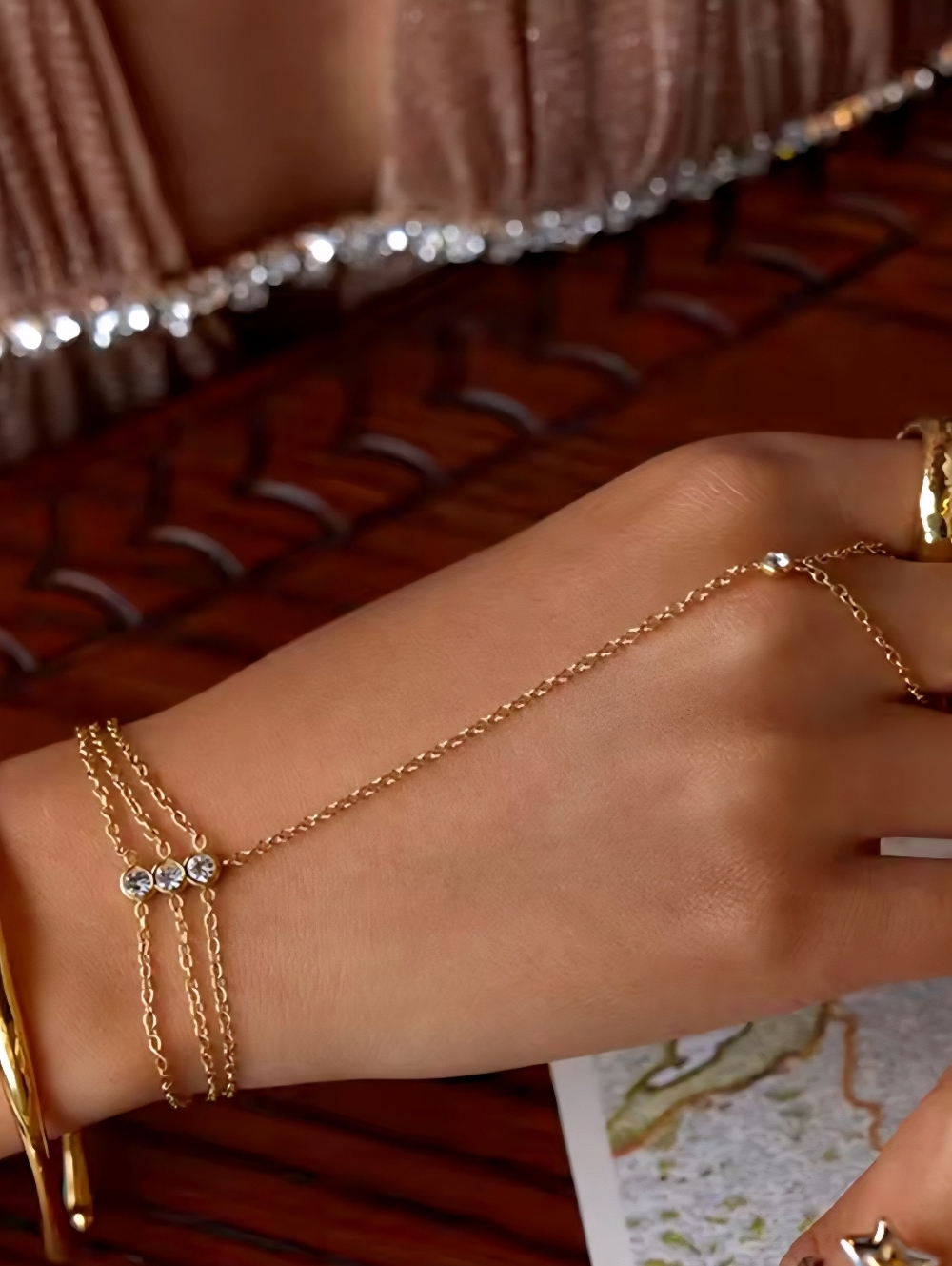 Gold Triple Zirconia Layered Hand Chain Bracelet Ring